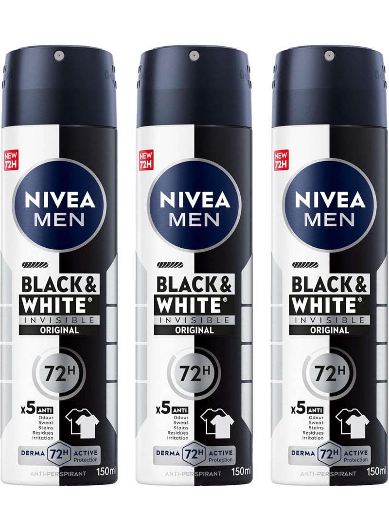 NIVEA MEN Antiperspirant Spray for Men, Black & White Invisible Protection Original, 3x150ml - Image 1